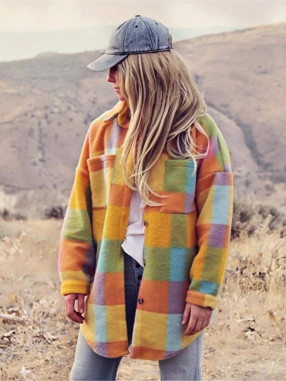 Davi & Dani Oversized Plaid Fuzzy Shacket Jacket Multicolor L NWOT